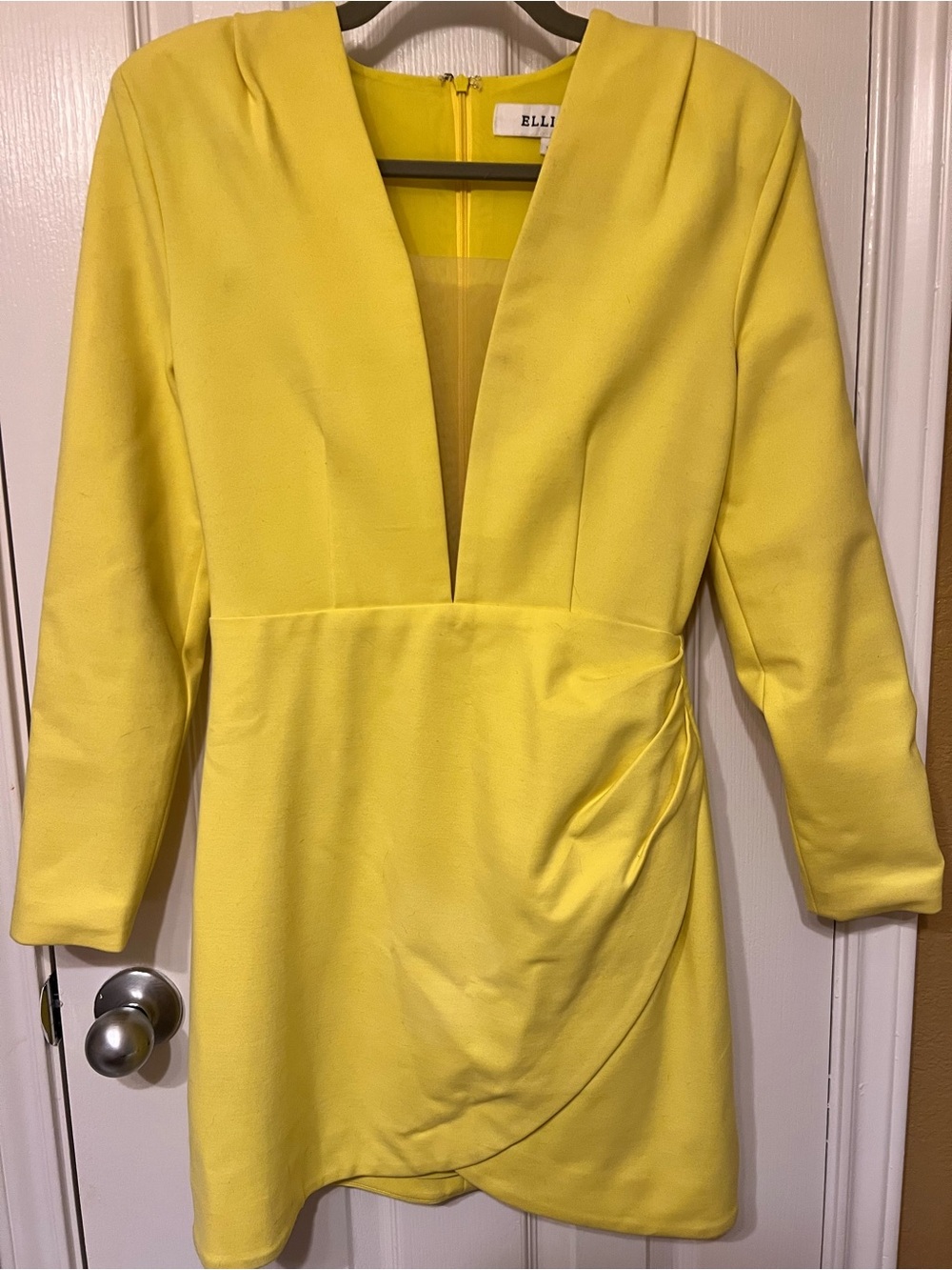Elliatt Yellow Long Sleeve Mini Dress Size Small | Shoulder Pads & Wrap Skirt